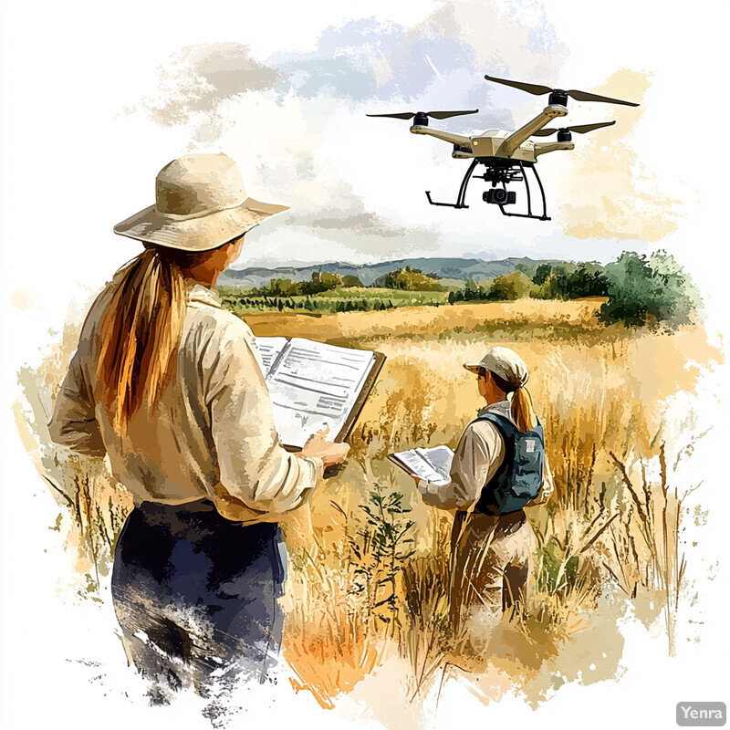 Two individuals are conducting fieldwork in a field, observing a drone flying above them.