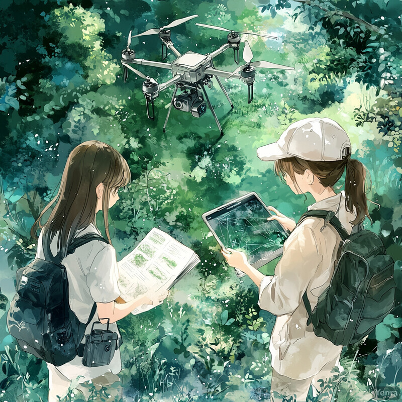 Two women in a lush green environment, surrounded by trees and foliage, with a drone flying above them.