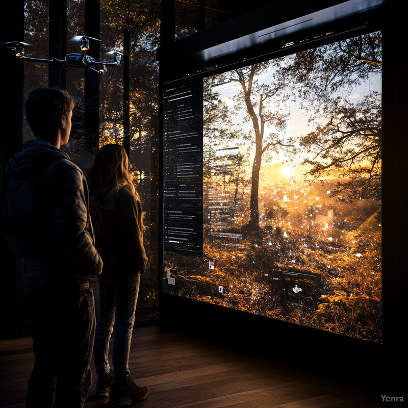 Two individuals standing in front of a large screen displaying an interactive map or diagram, likely related to forest management or conservation efforts.