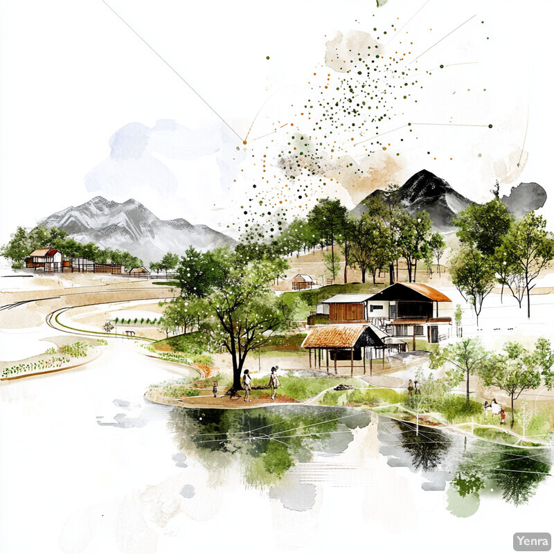 Architectural rendering of a sustainable community in a mountainous area.