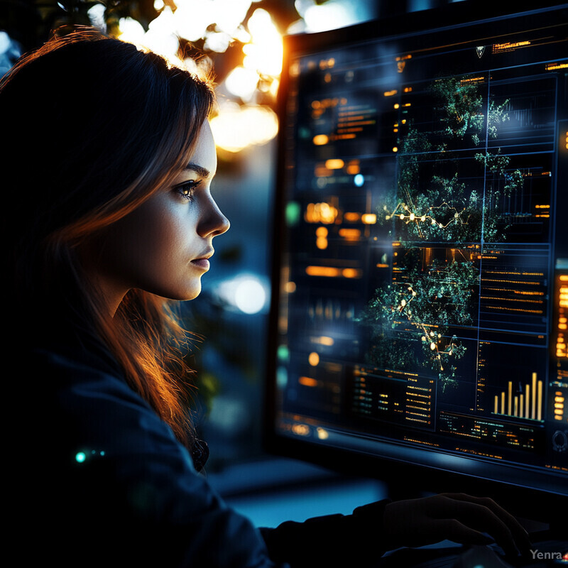 A woman is intently focused on her computer screen, analyzing data presented in the form of graphs and charts.