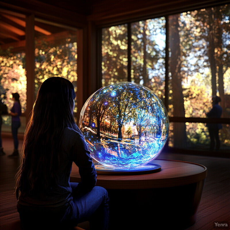 A woman sits on a wooden table, gazing at a large glass sphere with an illuminated forest scene inside.