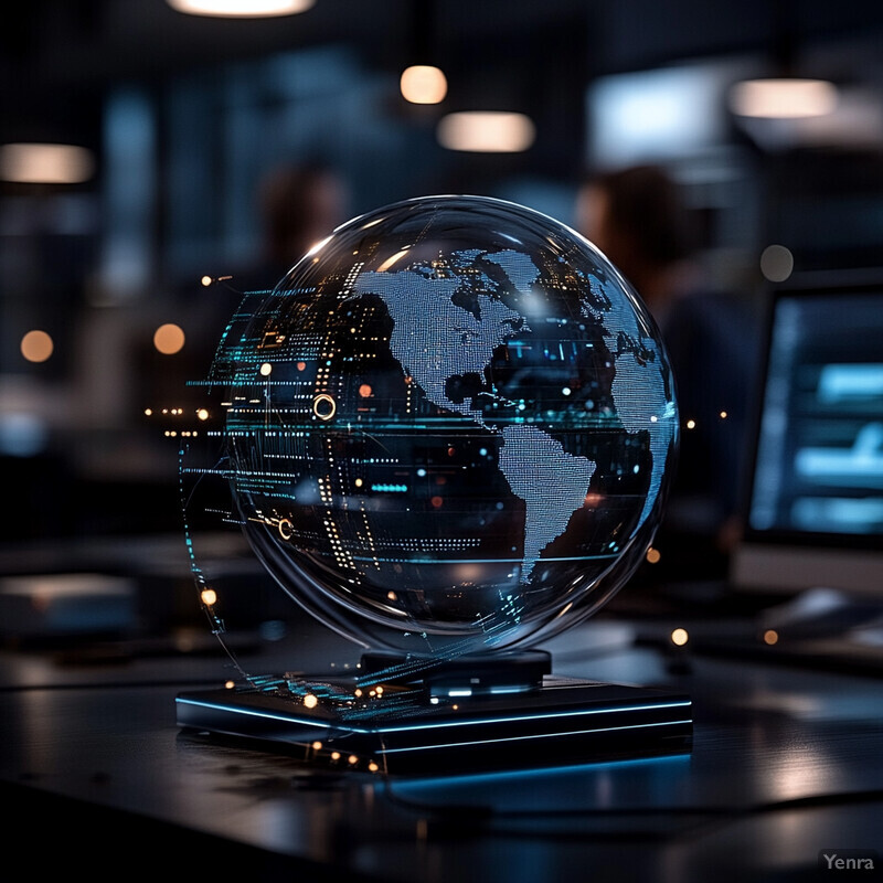 A futuristic control center with a transparent globe displaying a blue-tinted digital map of the world.