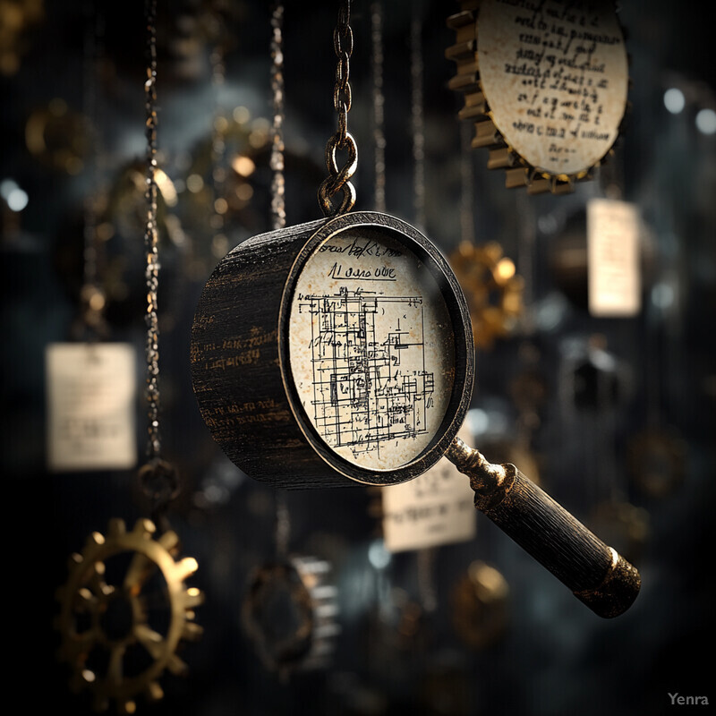 A collection of objects suspended in mid-air, including an antique magnifying glass and various other items.