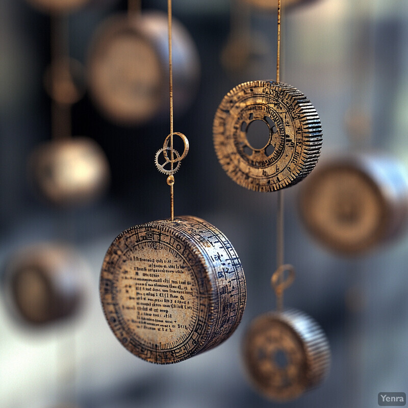 A collection of ornate, circular objects suspended from strings, likely part of an ancient astronomical clock or astrolabe system.