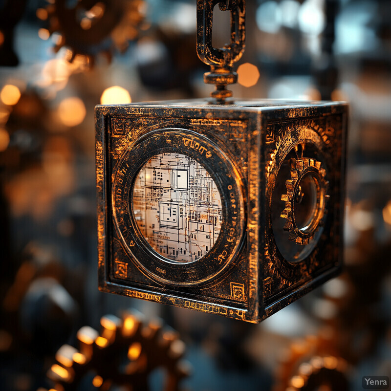 An antique-style box with intricate details and symbols etched into its surface.