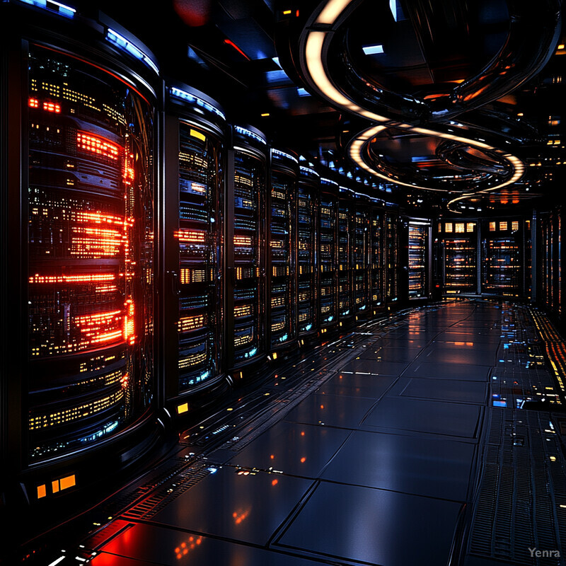 A futuristic data center with rows of servers and computer equipment.