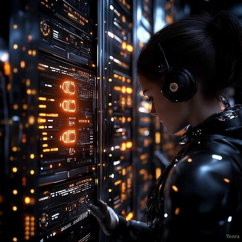 A woman stands in front of a server room, possibly working as an IT or technical support specialist.