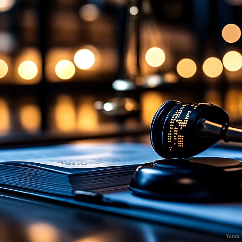 A gavel and sound block on a book in a courtroom setting.