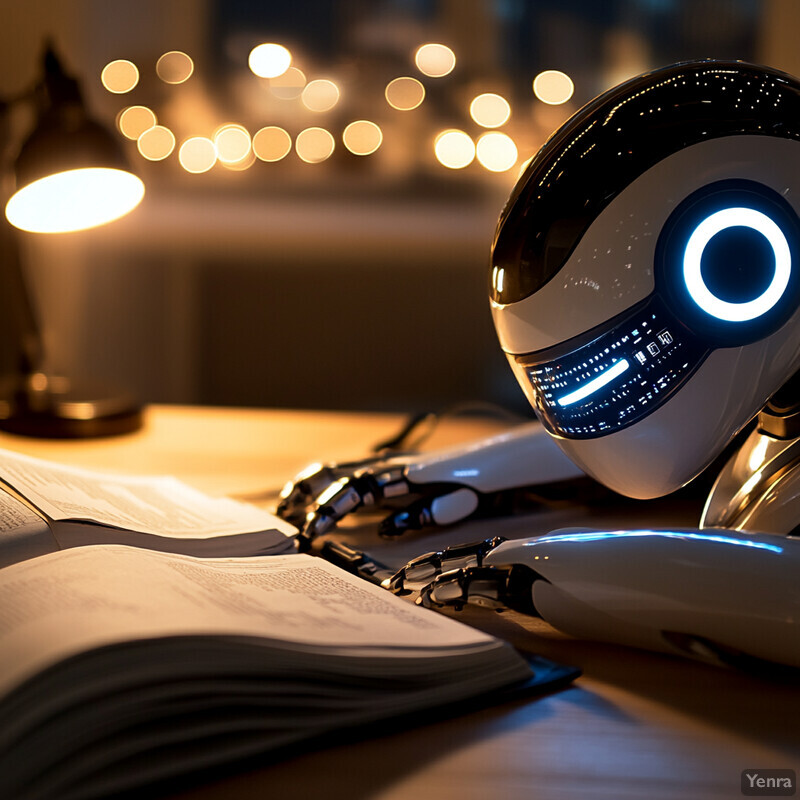 An AI robot is reading a book or document in a futuristic setting, surrounded by various objects and lights that suggest innovation and technology.