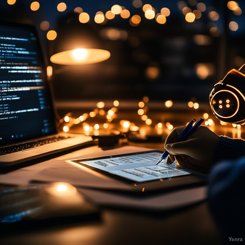 A person working on a computer in a dimly lit room.