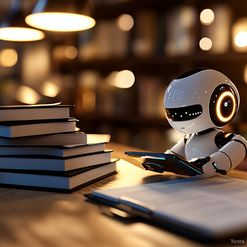 A small robot sits at a desk with books and papers, engaged in reading or studying.