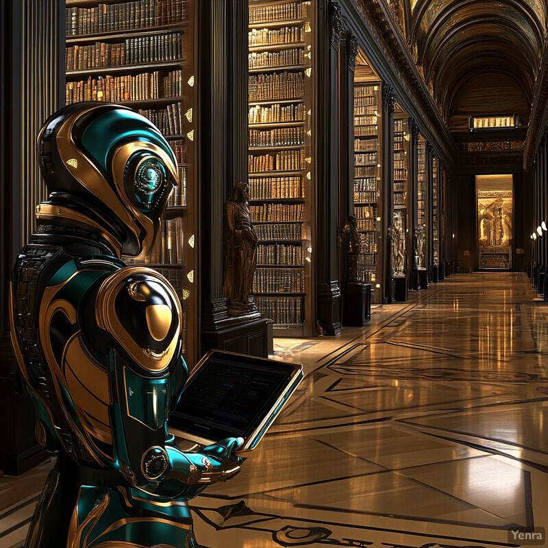 A futuristic robot stands in a grand library or museum, surrounded by bookshelves and statues, holding a tablet to display information about the books.