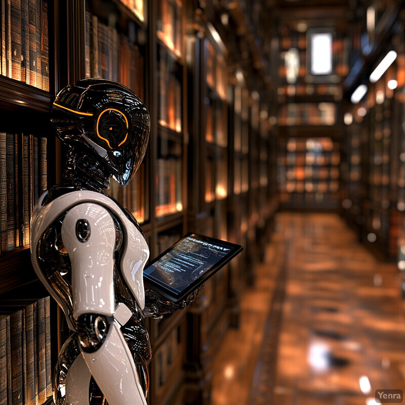 A futuristic robot stands in front of a bookshelf in a library or study setting.