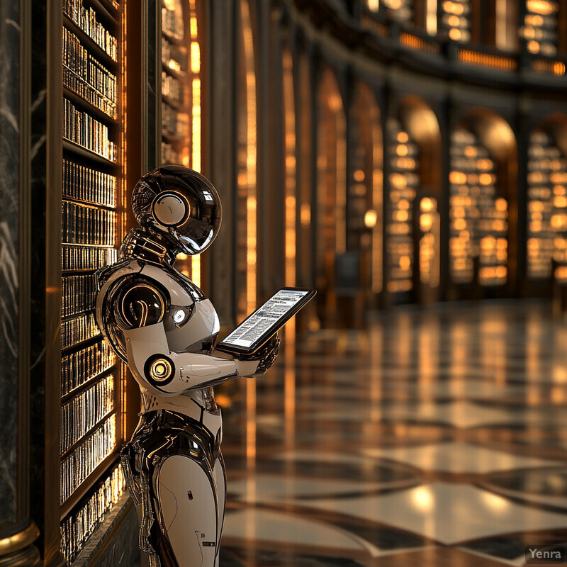 A robot stands in front of a large bookshelf, holding an electronic tablet and appearing to engage in intellectual or educational activity.