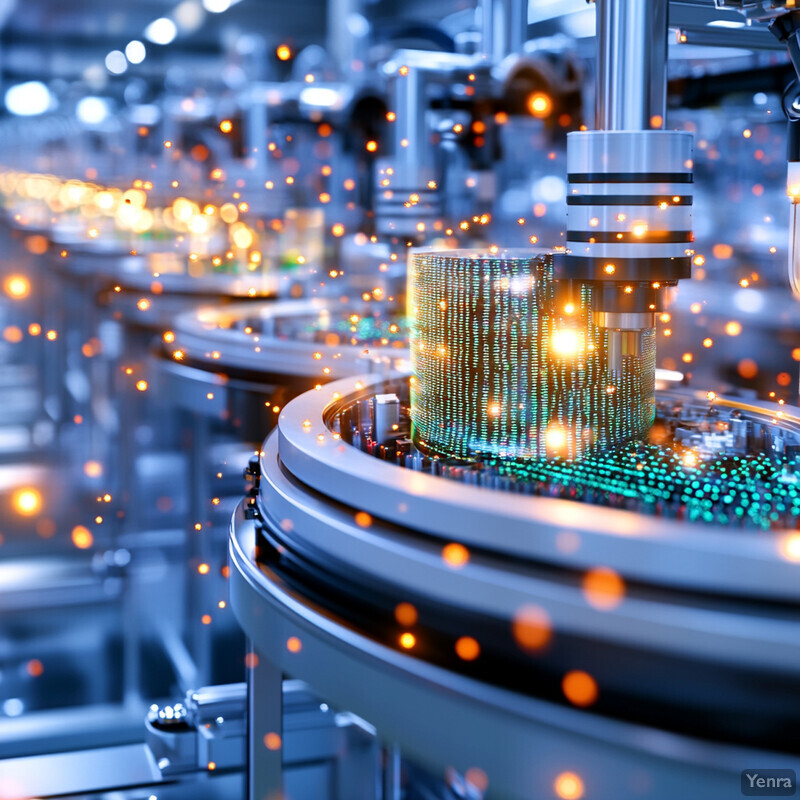 A futuristic factory floor with rows of machines and equipment.