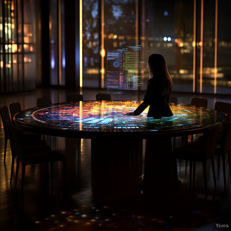 A woman stands in front of an interactive table, surrounded by chairs, in a dimly lit room.