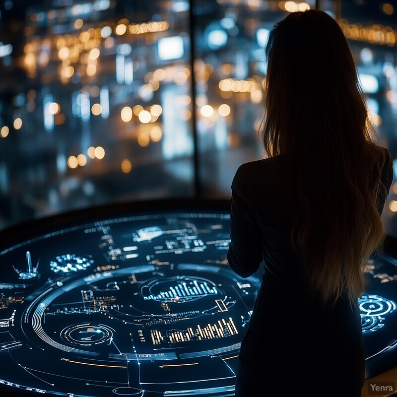 A woman stands in front of a large screen displaying graphs and charts, possibly analyzing data related to her job.