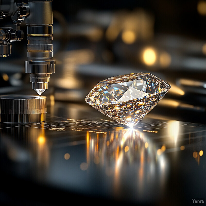 A diamond is being laser-cut by a machine in an industrial setting.