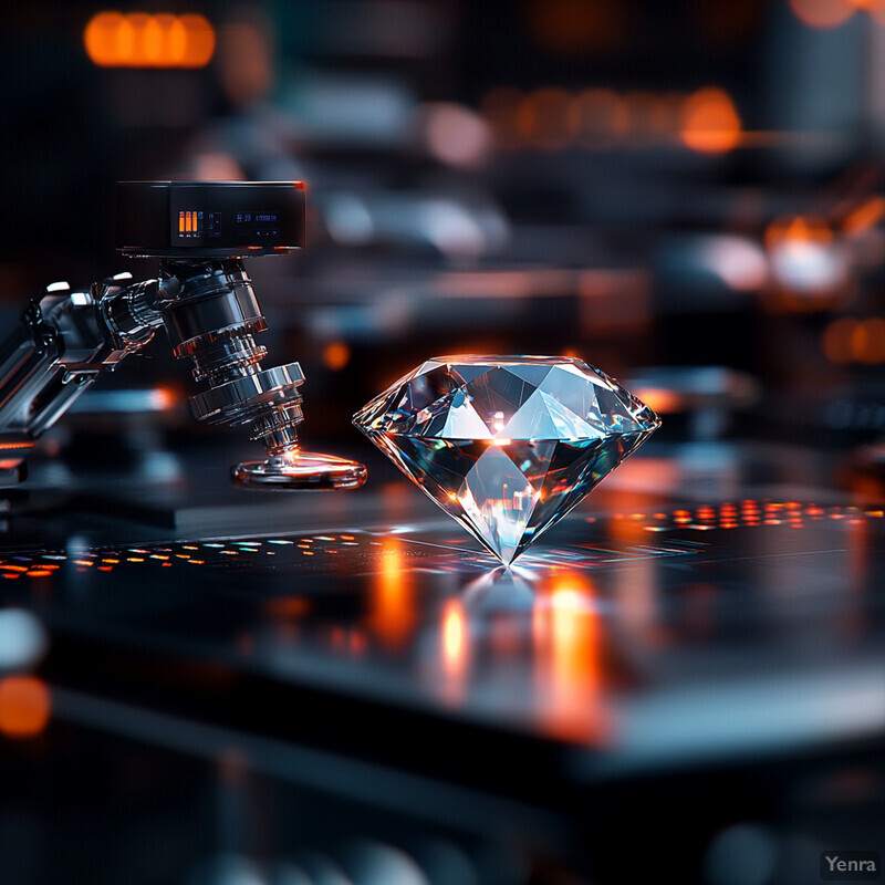 A large diamond is displayed on a table in a futuristic laboratory setting, surrounded by scientific instruments.