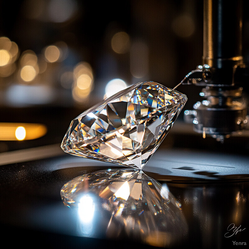 A large diamond is displayed on a black surface in a dark room.