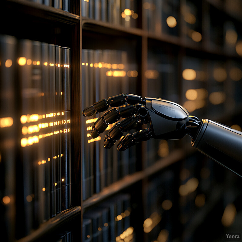 A robotic hand reaches out towards an unseen object in a dimly lit library or study room filled with bookshelves.