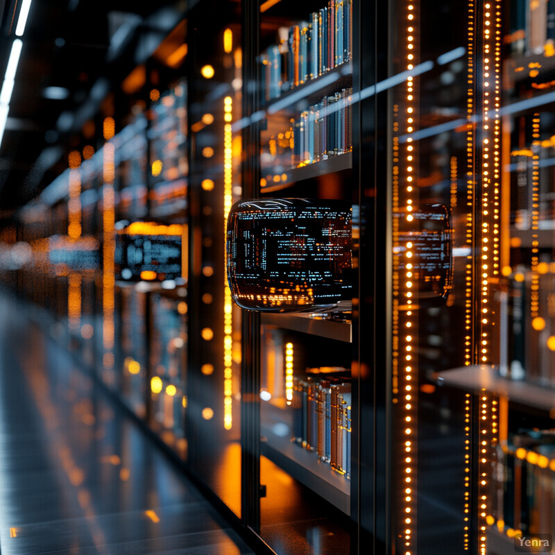 A futuristic-looking room with rows of shelves containing various objects.