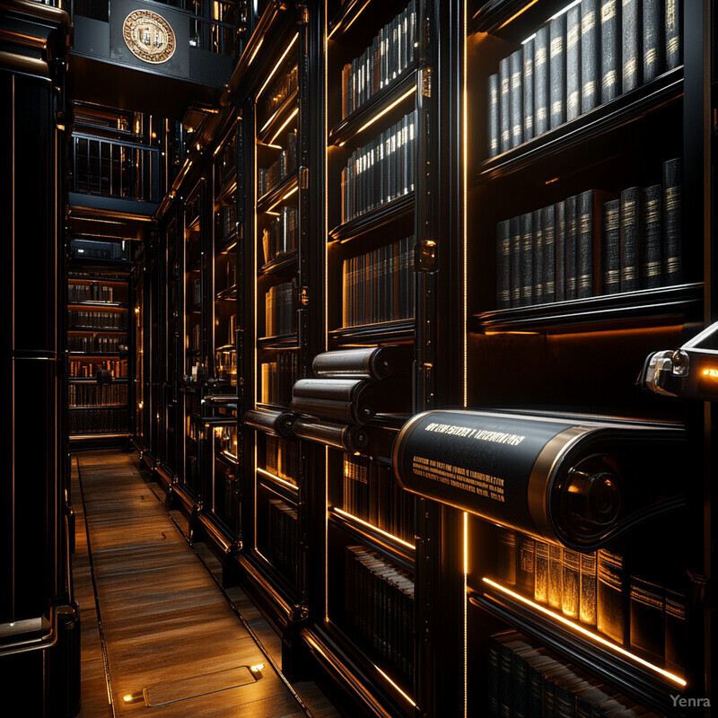 A luxurious library with rows of bookshelves and a grand chandelier.