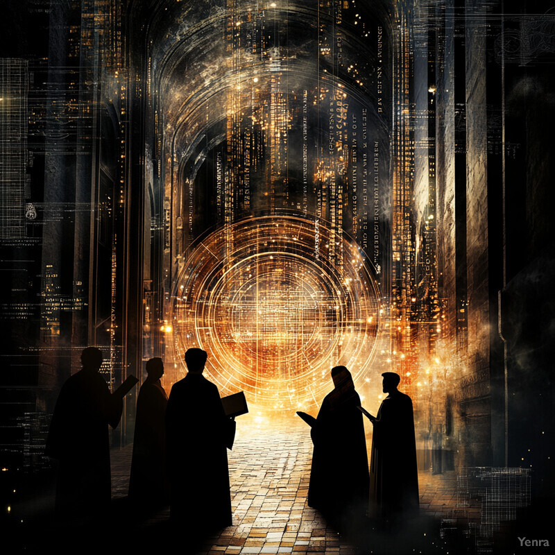 A group of individuals stand before a glowing portal in an ancient setting.