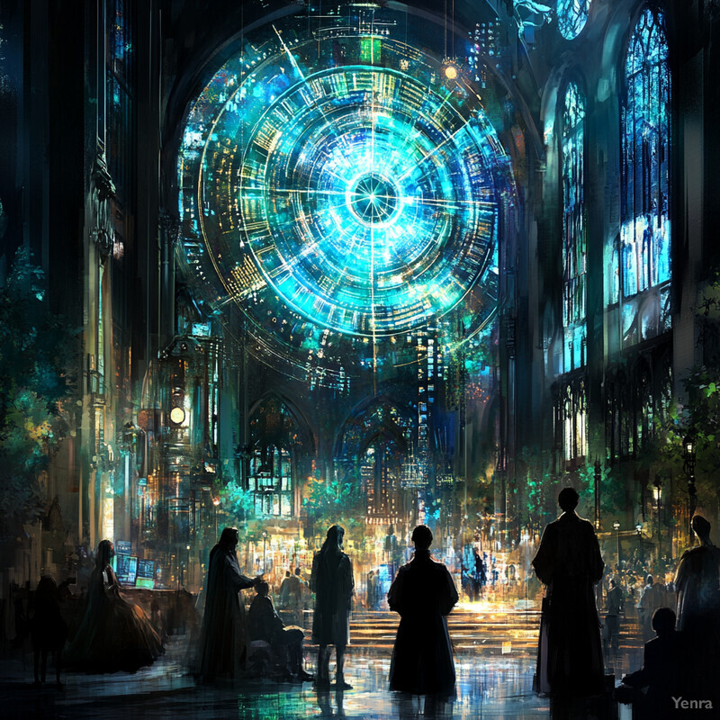 A futuristic, high-tech cathedral with people dressed in formal attire.