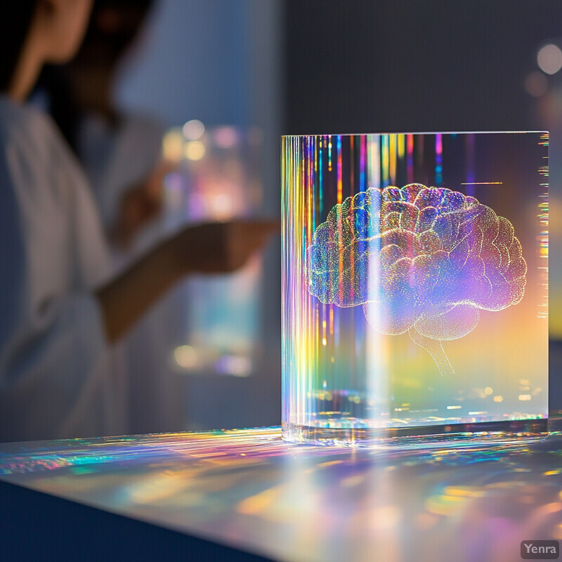 A futuristic, high-tech depiction of a brain with rainbow lighting.