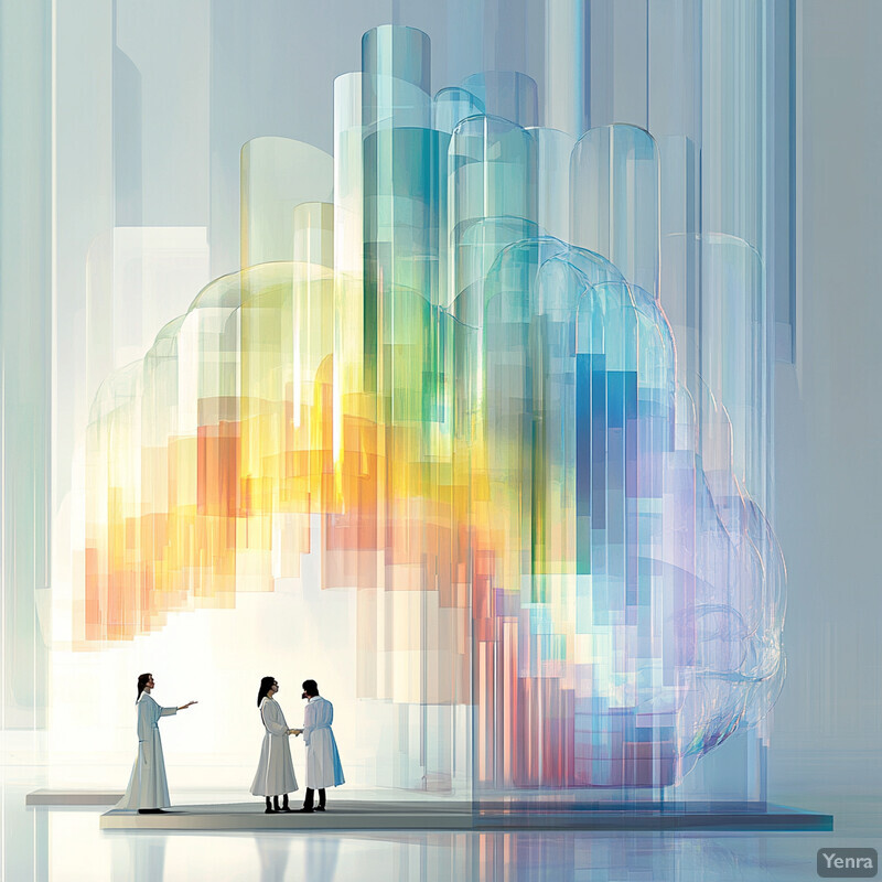 A futuristic-looking room with a large abstract sculpture in the center, surrounded by four people dressed in white robes.