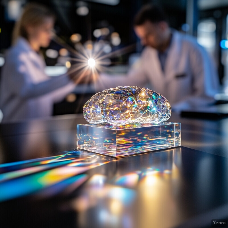 A brain-shaped glass sculpture is displayed on a clear stand in a laboratory setting, with two individuals working nearby.