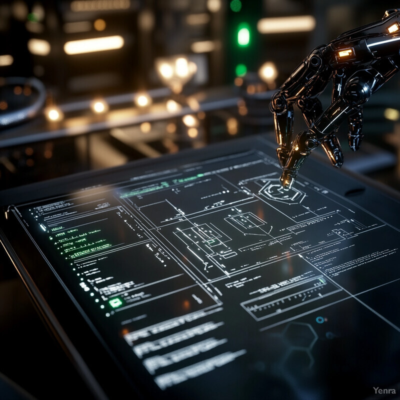 A robotic arm is engaged in 3D printing, with glowing green lines tracing its movements.