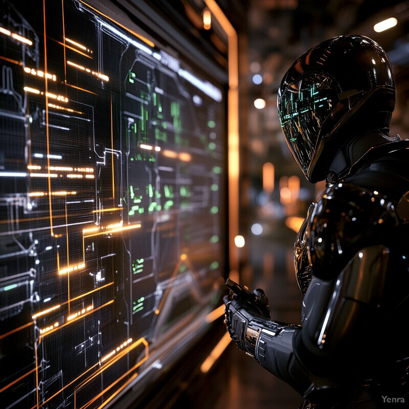 A humanoid robot stands in front of a large screen displaying various lines and symbols in an industrial-looking room.