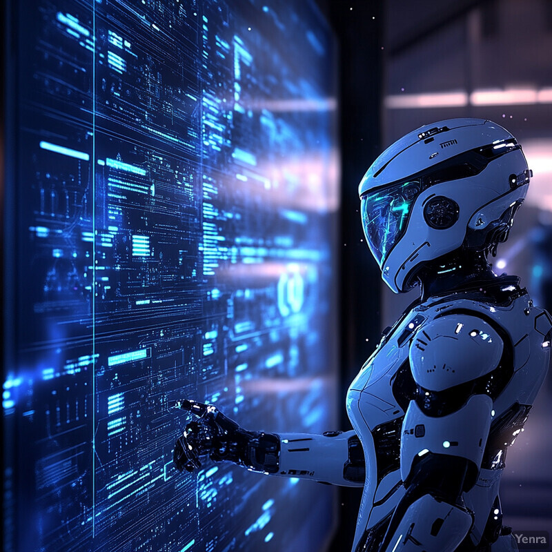 A humanoid robot interacts with a large screen displaying various data and graphs in a futuristic setting.