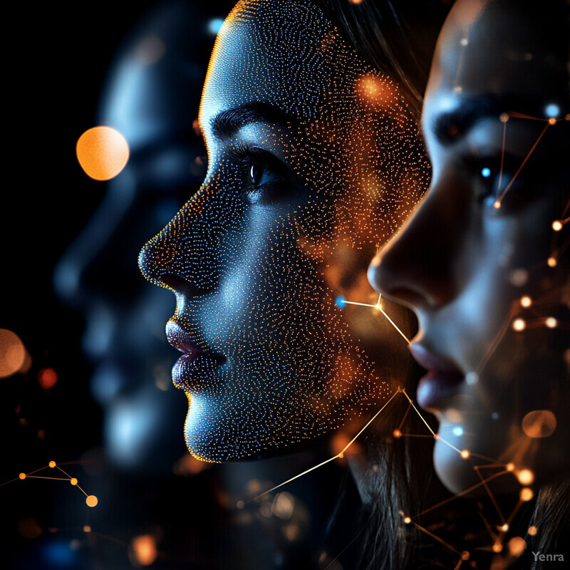 A futuristic image featuring three human faces composed of tiny dots, with a focus on artificial intelligence and facial recognition technology.