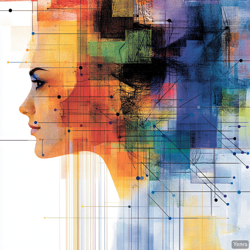 An abstract painting of a woman's face with geometric shapes and lines overlaid on top.