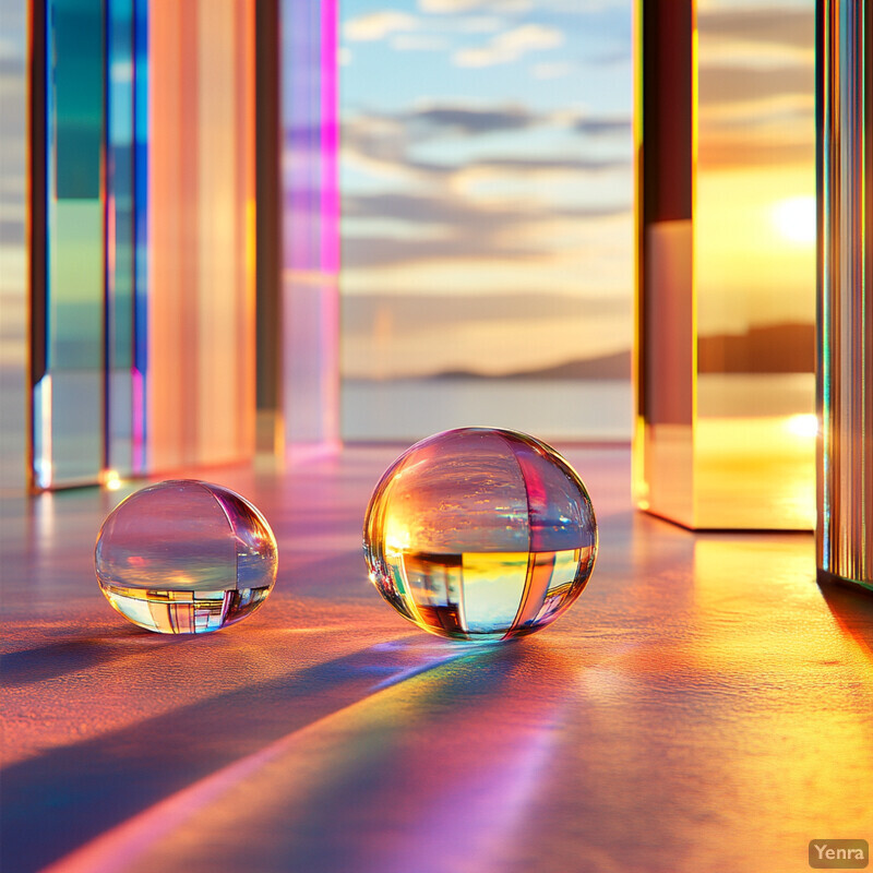 Two glass marbles sit on a floor in front of a window, reflecting the colors of the sunset outside.