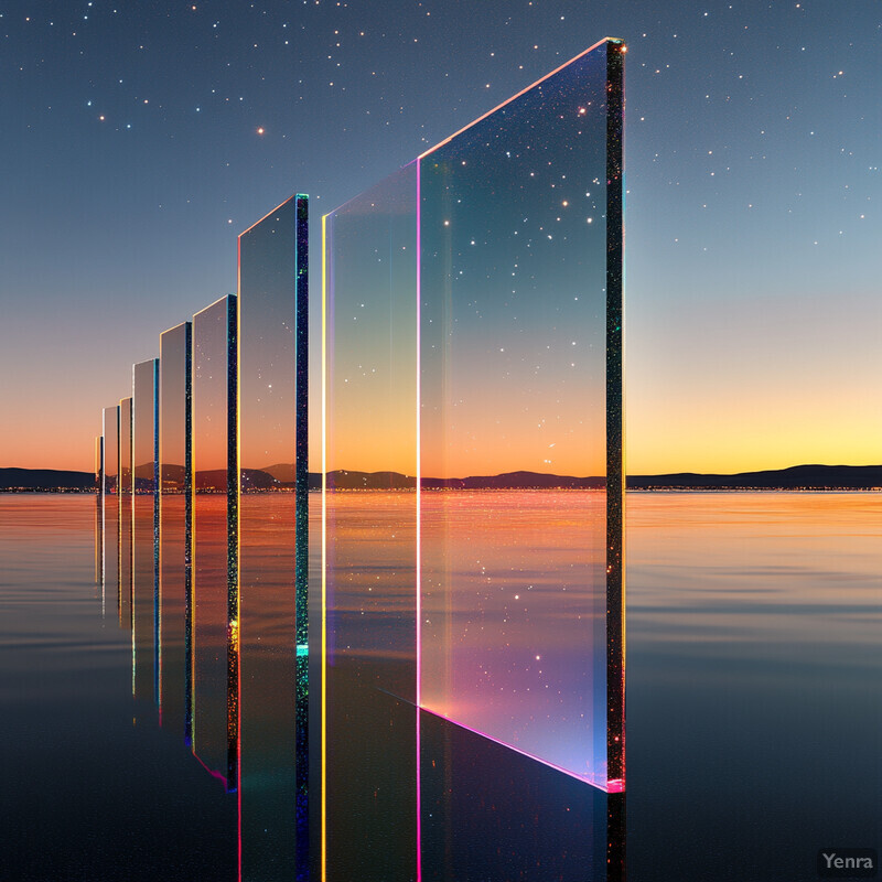 An otherworldly scene featuring transparent glass panels and a breathtaking sunset over water.