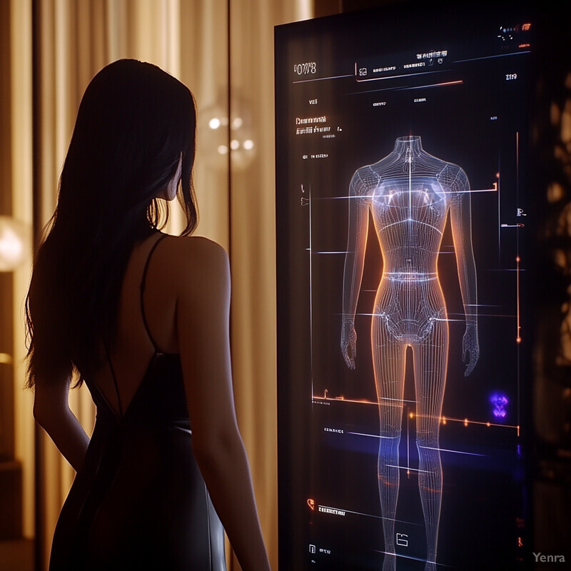 A woman stands in front of a large screen displaying a 3D virtual fitting and try-on system.