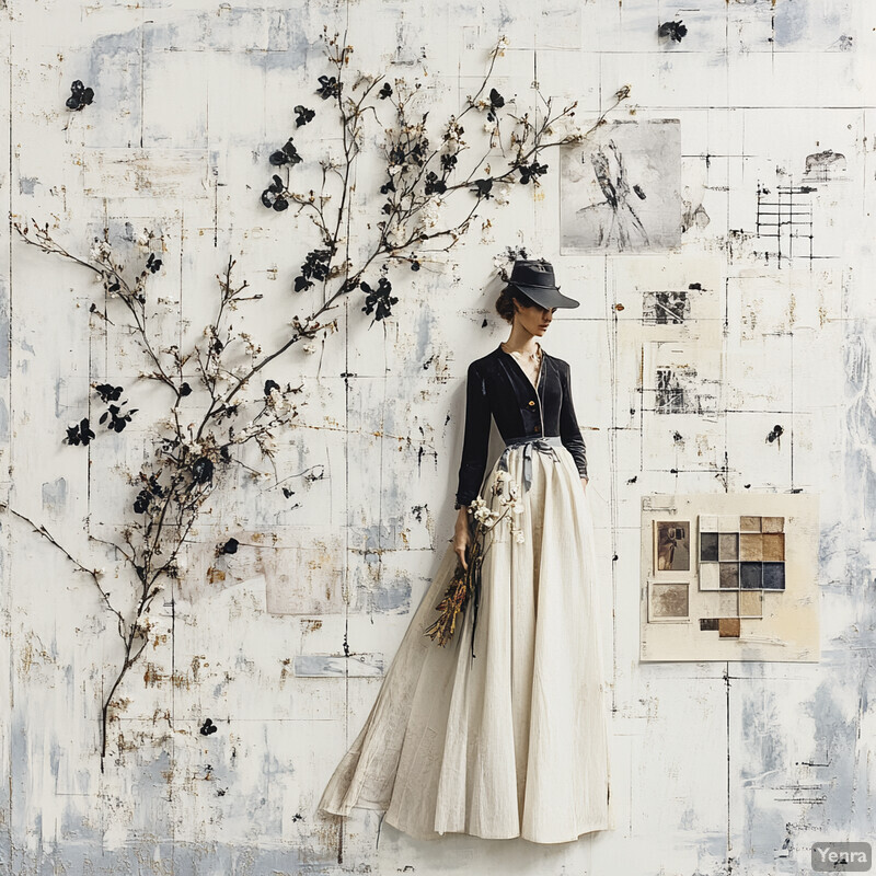 An artistic collage featuring a woman in a long white skirt and black blouse standing against an abstract background resembling tree branches.