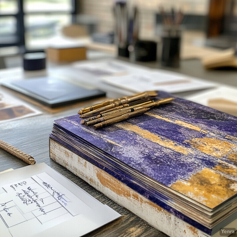 A wooden table in an office or workspace holds a large book with purple and gold covers, accompanied by two metal pens.