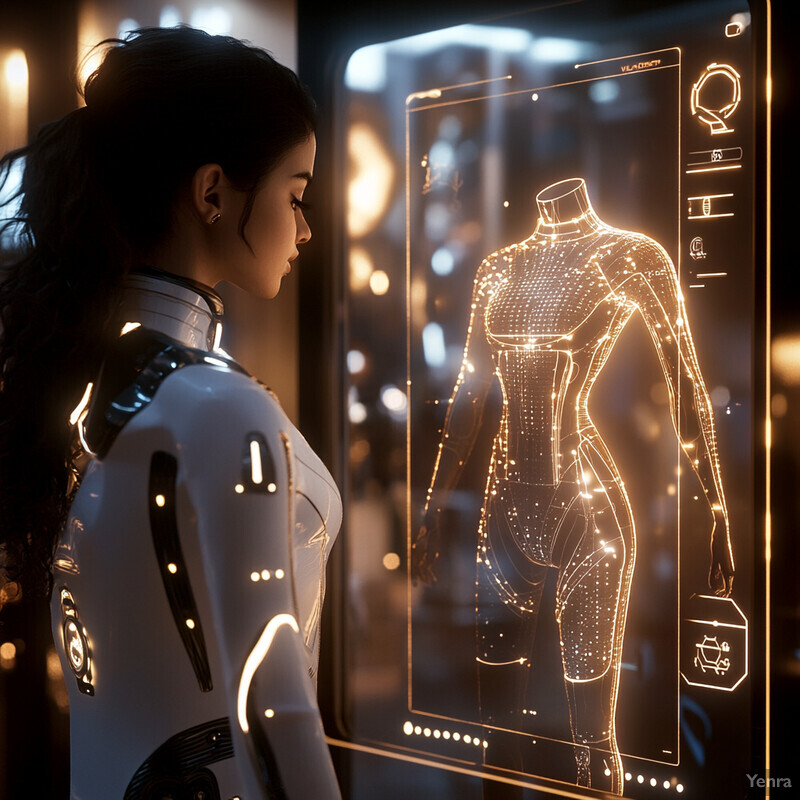 A woman in a futuristic outfit stands in front of a large screen displaying an automated styling assistant, showcasing cutting-edge technology in fashion.