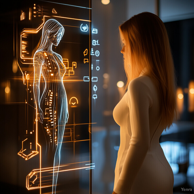 A woman in a white dress stands in front of a futuristic screen displaying an avatar.