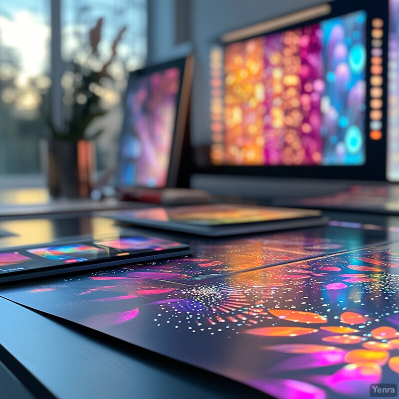 A collection of vibrant, abstract art pieces arranged on a table in front of two computer monitors displaying a similar pattern.