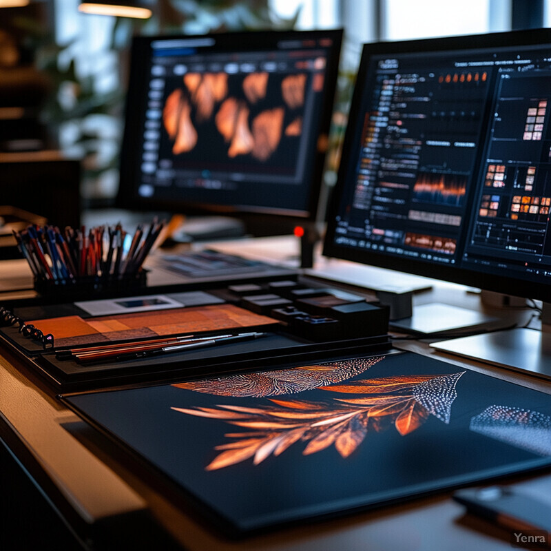 A workspace with multiple computer monitors displaying design options, accompanied by various tools arranged in black trays.