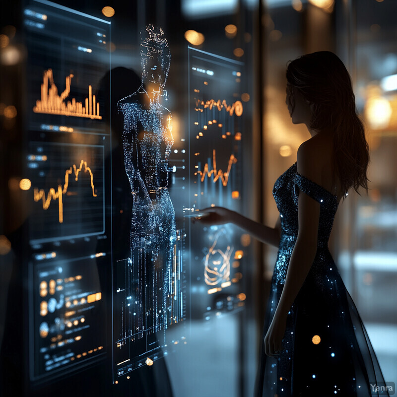 A woman in formal attire stands in front of a holographic screen displaying complex graphs and charts related to competitive intelligence analysis.