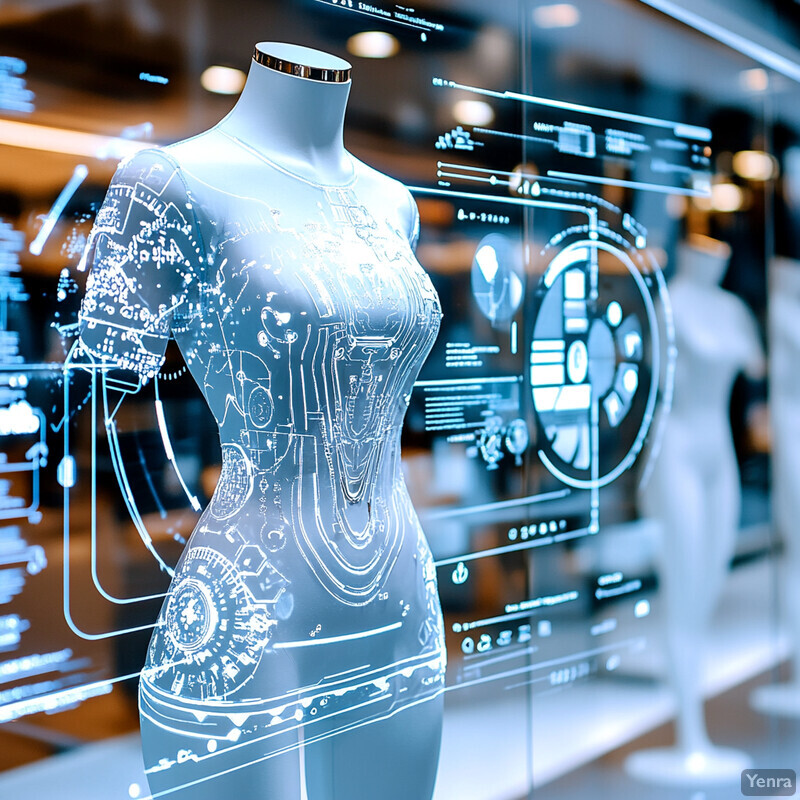 A futuristic vision of fashion retail featuring a mannequin dressed in a high-tech dress surrounded by screens displaying design schematics.