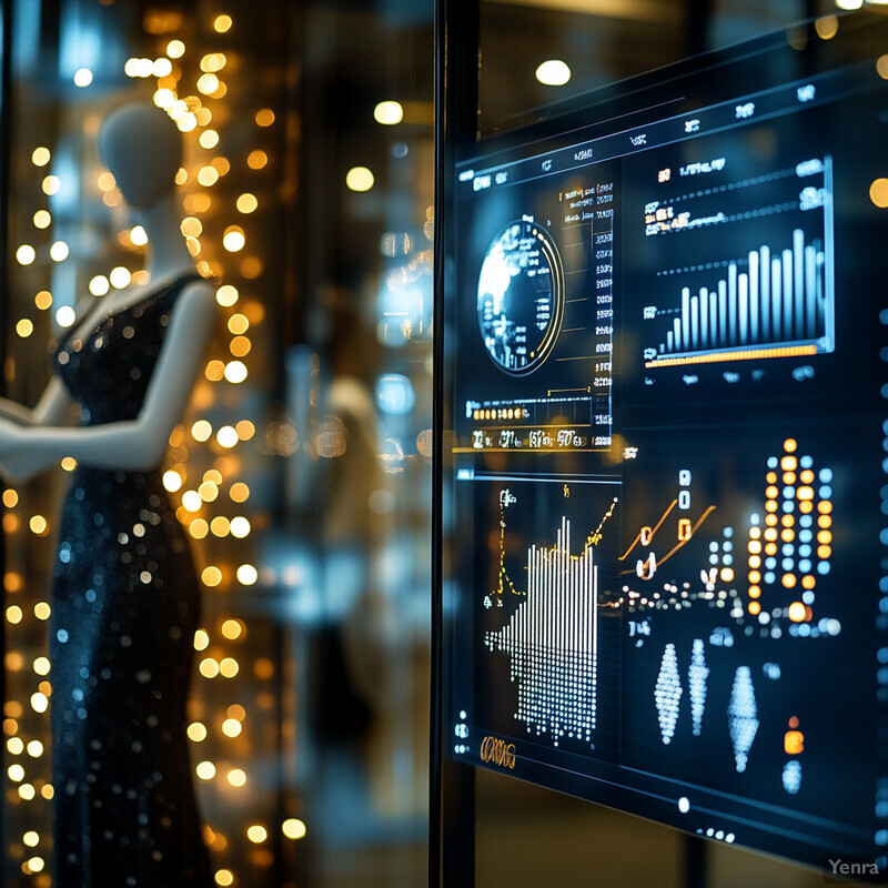 A mannequin in a black dress is displayed in front of a screen showing various graphs and charts.